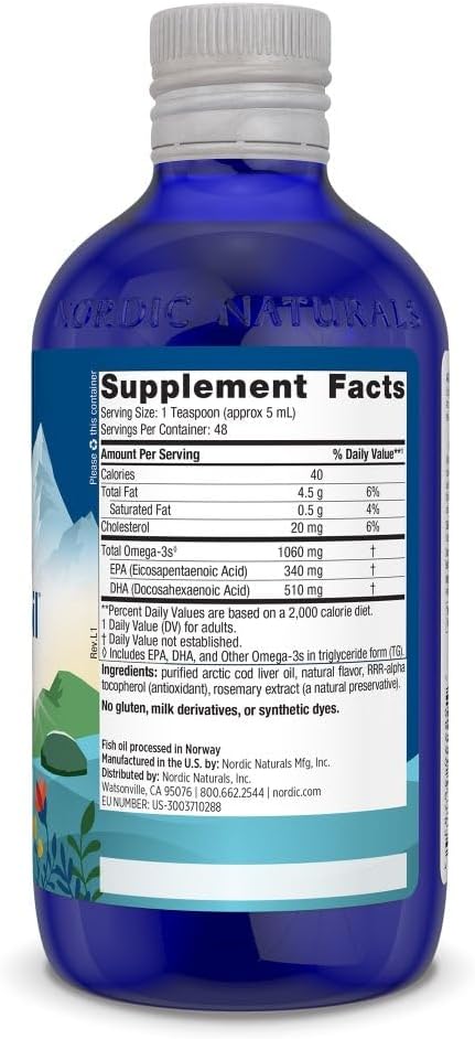 Nordic Naturals Arctic Cod Liver Oil Strawberry - 8 oz - 1060 mg Total Omega-3s with EPA &amp DHA - Heart &amp Brain Health Healthy Immunity Overall Wellness - Non-GMO - 48 Servings