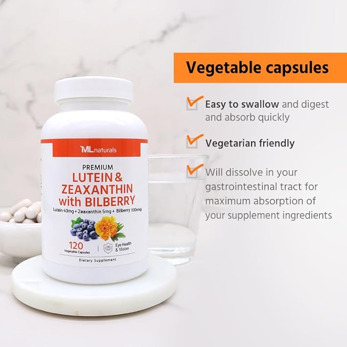 ML Naturals Lutein &amp Zeaxanthin with Bilberry – 40mg Lutein 5mg Zeaxanthin &amp 100mg Bilberry (Per Serving) – 120 Vegetable Capsules – Supports Eye Health &amp Vision
