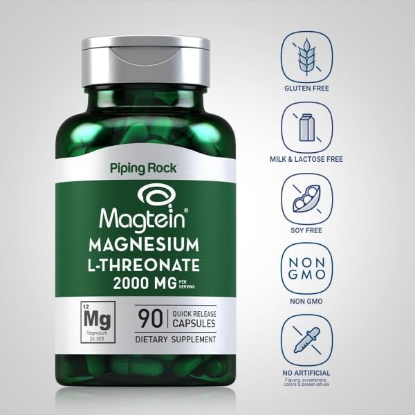 Piping Rock Magnesium L-Threonate Capsules 2000 mg | 90 Pills | Supplement for Men and Women with Magtein | Non-GMO Gluten Free
