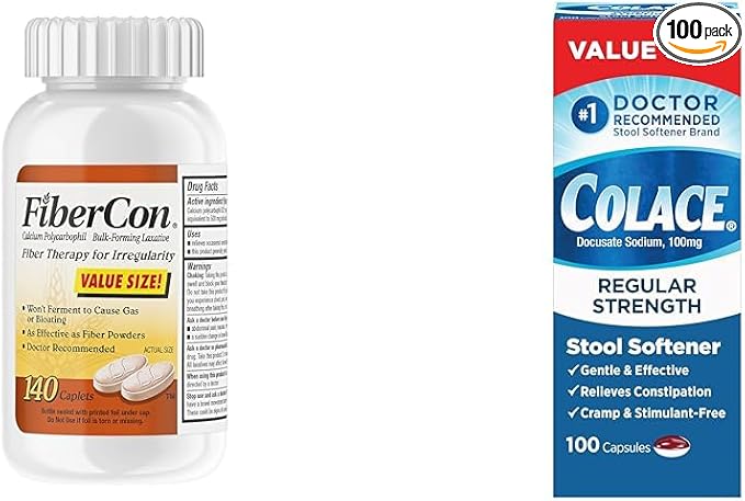 Fibercon Fiber Therapy Coated Caplets Safe Simple &amp Comfortable Insoluble Fiber &amp Colace Regular Strength Stool Softener 100 mg Capsules 100 Count Docusate Sodium Stimulant-Free