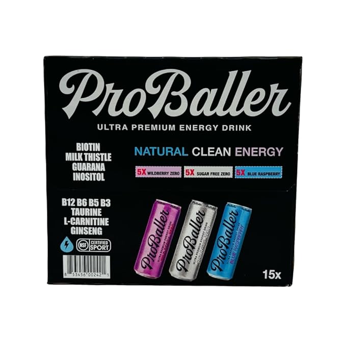 ProBaller Clean Energy Drink - Athlete-Grade Energy for Focus &amp Performance Zero Sugar NSF Certified for Sport Natural Caffeine Biotin Electrolytes Amino Acids &amp B Vitamins - Variety 12