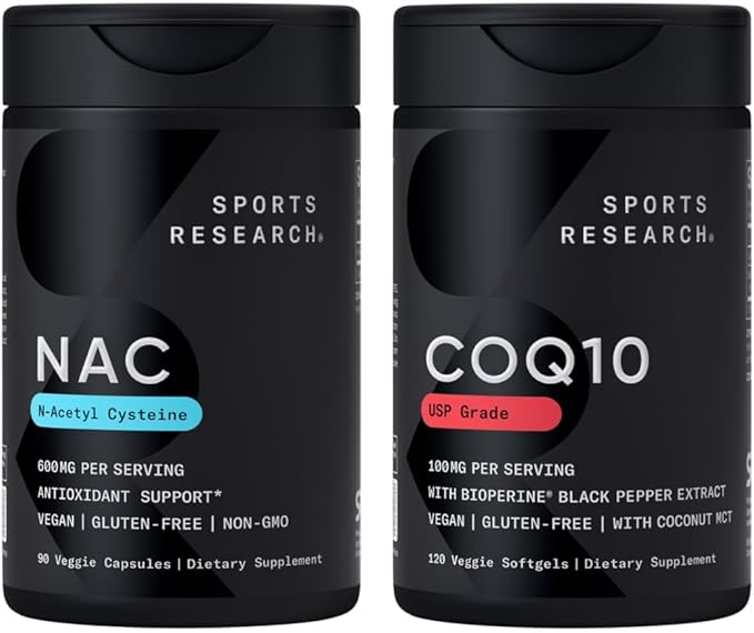 Sports Research® Antioxidant Support Pack - N-Acetyl L-Cysteine (NAC) 600mg CoQ10 100mg Enhanced w/Coconut Oil &amp Bioperine - Vegan · Non-GMO · Gluten Free