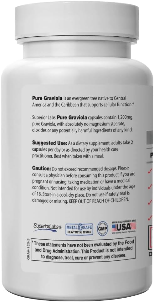 Superior Labs Graviola 1200mg Pure Natural Non-GMO Herbal Antioxidant Immune &amp Respiratory Support Promotes Healthy Skin Cell Growth &amp Balanced Mood High-Potency Extract 120 Veg Capsules