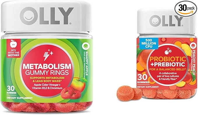 OLLY Metabolism Gummy Rings Apple Cider Vinegar Vitamin B12 Chromium &amp Probiotic + Prebiotic Gummy Digestive Support and Gut Health 500 Million CFUs Fiber
