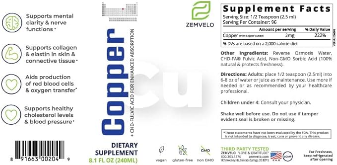 Liquid Ionic Chelated Copper | Natural Elixir for Healthy Connective Tissue | Healthy Hair Skin Nails &amp Collagen | Healthy Iron Levels | Mood Balance | 3 Month Supply