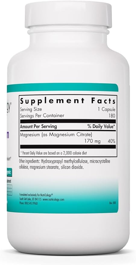 NutriCology Magnesium Citrate - Bioavailable Chelated Magnesium - Nervous System &amp Muscle Support - Vegetarian Capsules - Hypoallergenic Formula - 180 Servings - 180 Count