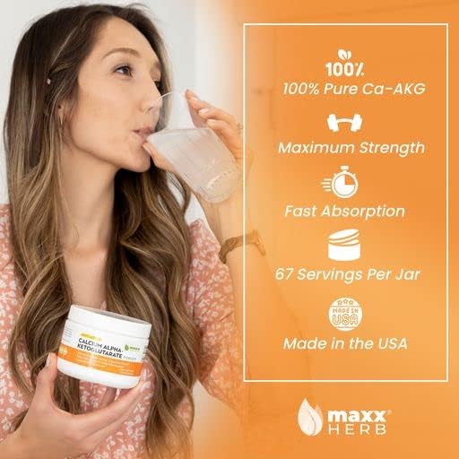 Maxx Herb Calcium Alpha - Ketoglutarate (Ca-AKG) Pure Calcium AKG Powder for Energy Vitality Mental Focus Clarity &amp DNA Structure Gluten Free - 100 Gram Jar (67 Servings) (3.53 Ounce (Pack of