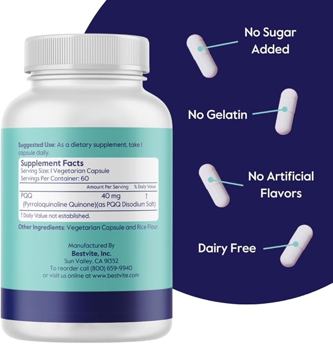 BESTVITE PQQ 40mg (Pyrroloquinoline Quinone) (120 Vegetarian Capsules) (60 x 2) - No Stearates - Vegan - Non GMO - Gluten Free
