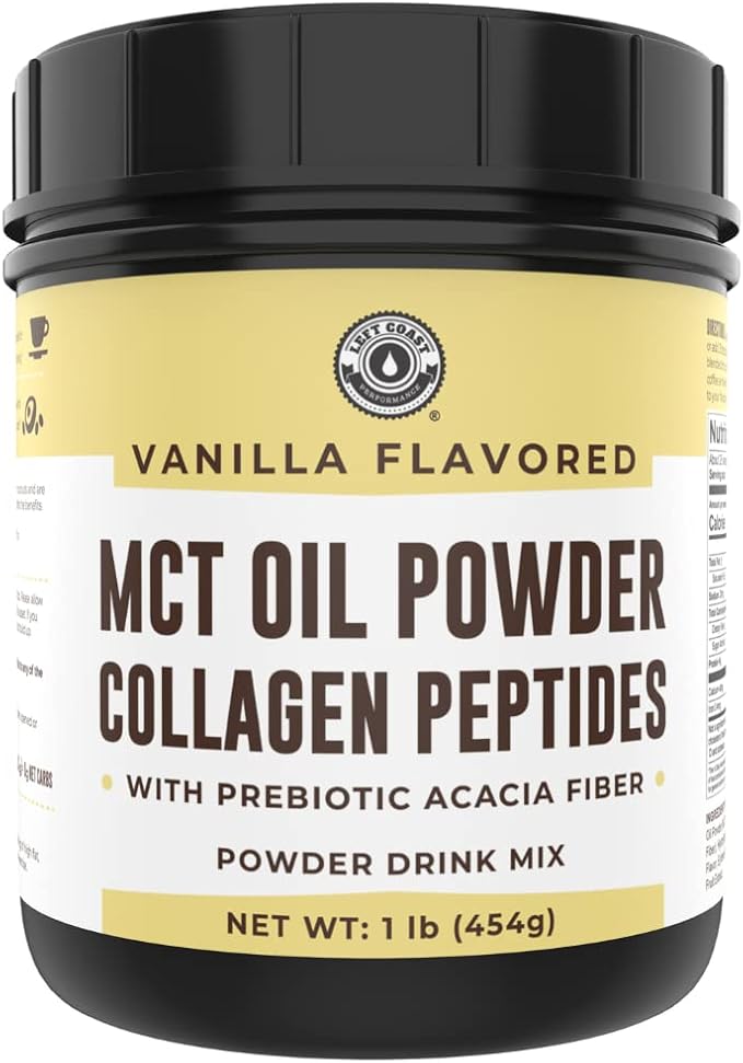 MCT Oil Powder with Acacia Fiber &amp Collagen Peptides – Prebiotic Collagen Protein 10g MCTs from Coconuts Sugar Free Keto Coffee Creamer – Grass Fed Vanilla Flavor Non-GMO Gluten Free 16 oz