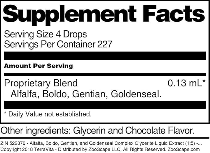 Terravita Alfalfa Boldo Gentian and Goldenseal Complex Glycerite Liquid Extract (1:5) - Chocolate Flavored (1 oz ZIN: 522370)