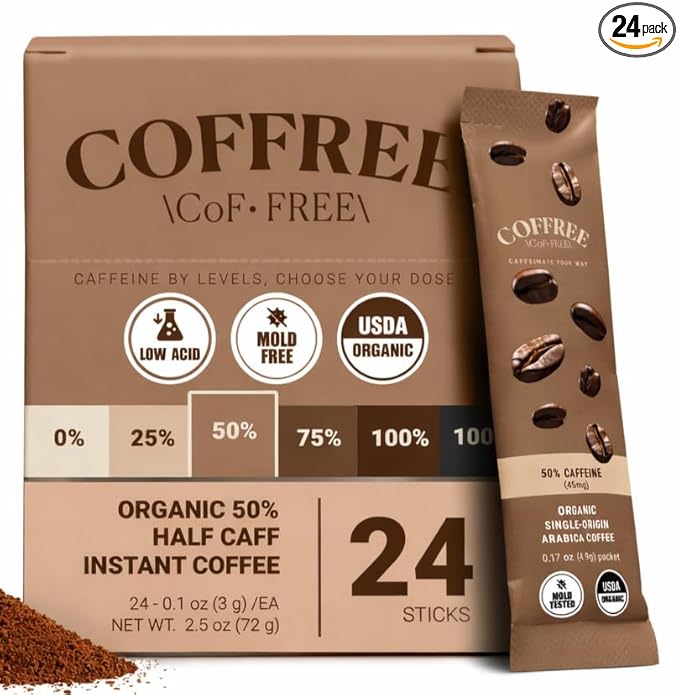 COFFREE Organic Instant Coffee Packets - 50% Half Caff Convenient Coffee Sticks Mold Free Low Acid Arabica Beans for On-the-Go Energy - Hot or Cold Smooth Taste Single Serve Travel Packets 24 Count