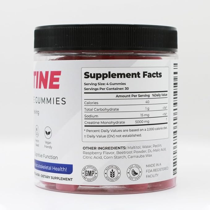 Getting in Shape Creatine Monohydrate Gummies - 5000mg Creatine Raspberry Flavor 120 Count - Vegan Sugar-Free Boosts Performance &amp Recovery