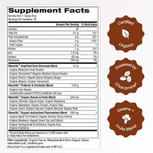 Dark Chocolate Superfood Powder - 17 Organic Superfoods + Prebiotic &amp Probiotics + More - Keto Friendly - Supports Positive Mood Gut Health - Vegan Gluten Free Non-GMO - 30 Day Supply