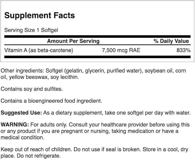 Swanson Beta-Carotene Vitamin A 25000 IU Eye and Skin Health Supplement for Adults Seeking Vision and Immune Support - 7500 mcg (300 Softgels 2 Pack)