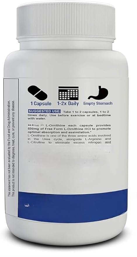 L-Ornithine 500MG- 60 Capsules Essential Amino Acid Promote Optimal Absorption Vegan Gluten Free - 60 Capsules