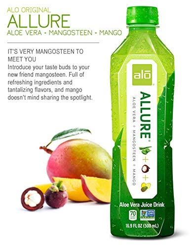 ALO ALLURE Aloe Vera Juice | Plant-Based Drink with Aloe Vera Pulp Mangosteen + Mango Juice| Aloin Free Non GMO | 16.9 FL OZ (500mL) Bottles | Pack of 12
