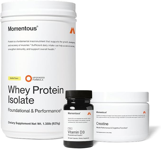 Momentous Arnold's Stack - Creatine Monohydrate Powder Essential Grass-Fed Whey Protein Powder (Vanilla) &amp Vitamin D3 (2000 IU) - Daily Fundamentals to Support Muscle Strength &amp Longevity