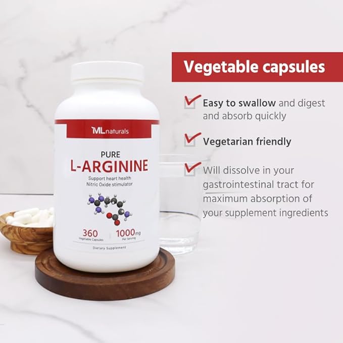 ML Naturals L-Arginine 1000mg (Per Serving) – 360 Vegetable Capsules – Non-GMO – Supports Nitric Oxide Production &amp Cardiovascular Health