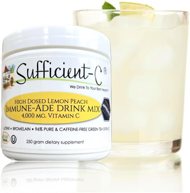 Sufficient-C High-Dosed 4000 mg. Vitamin C Lemon Peach Immune-Ade Drink Mix 250 gram Size - Refreshing with Generously Dosed L-lysine Bromelain &amp 96% Pure Caffeine-Free Green Tea Extract