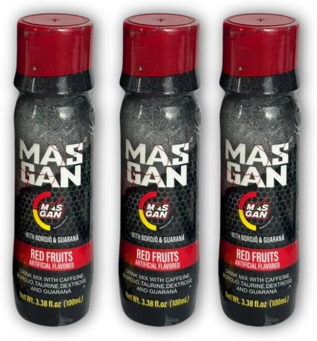 MasGan Multivitamin for Men and Women Liquid Energy Supplements. for Fatigue and Tiredness Pack 3 of 3.38 fl Oz - 100 ml - Energy Drink with Guarana and Borojo Red Fruit Flavor