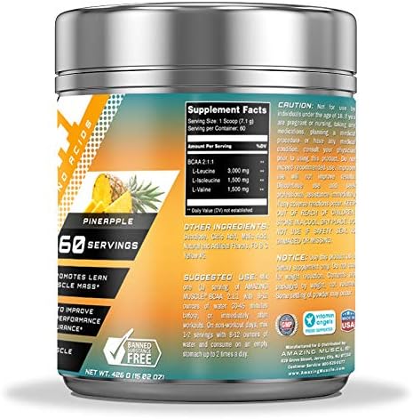 Amazing Muscle BCAA 2:1:1 Branched Chain Amino Acids Supplement | 6000 Mg Per Serving | Pineapple Flavor | 60 Servings