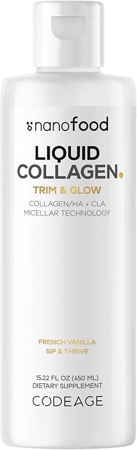 Codeage Liquid Collagen Supplement Vanilla Flavor Beauty Trim &amp Glow Liposomal Collagen Peptides CLA Conjugated Linoleic Acid Hyaluronic Acid Vitamin E Hydrolyzed Non-GMO 15.22 fl oz