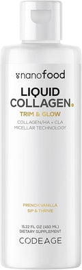Codeage Liquid Collagen Supplement Vanilla Flavor Beauty Trim &amp Glow Liposomal Collagen Peptides CLA Conjugated Linoleic Acid Hyaluronic Acid Vitamin E Hydrolyzed Non-GMO 15.22 fl oz