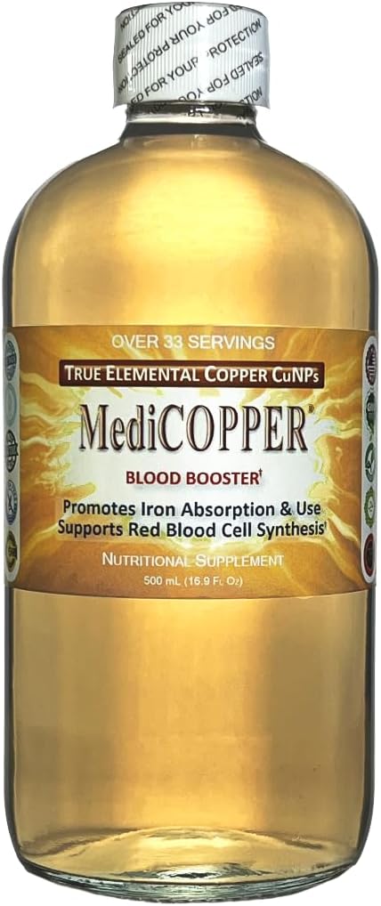 MediCOPPER Blood Booster True Colloidal Copper CuNP Nutrient - 500 mL in Clear Glass Bottle