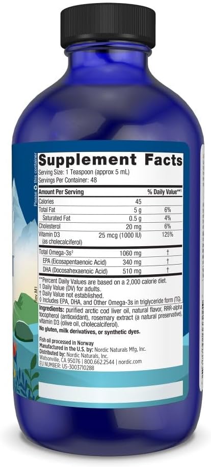 Nordic Naturals Arctic-D Cod Liver Oil Lemon - 8 oz - 1060 mg Total Omega-3s + 1000 IU Vitamin D3 - EPA &amp DHA - Heart Brain Bone Immune &amp Mood Support - Non-GMO - 48 Servings