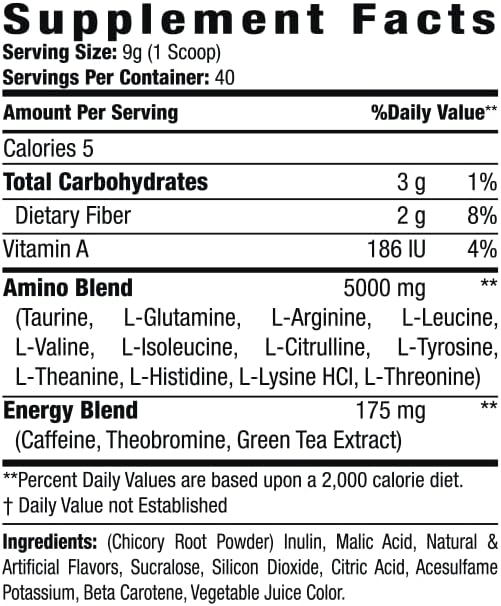 Amino+ Powder - Pre and Post Workout with Caffeine + Green Tea Extract - BCAA Amino Acids Zero Sugar Low Calorie Superior Taste 40 Servings (Raspberry Lemonade)