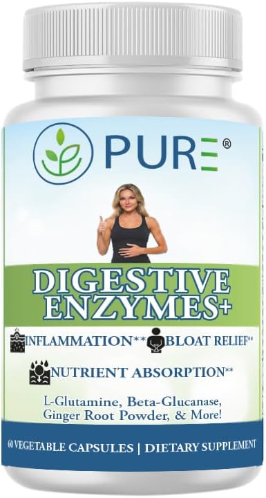 PURE® Digestive Enzymes+ with Probiotics - 60 Capsules - Advanced Gut Health &amp Bloat Relief - Full Spectrum Enzyme Blend for Protein Carb &amp Fat Digestion - Made in USA