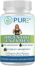 PURE® Digestive Enzymes+ with Probiotics - 60 Capsules - Advanced Gut Health &amp Bloat Relief - Full Spectrum Enzyme Blend for Protein Carb &amp Fat Digestion - Made in USA