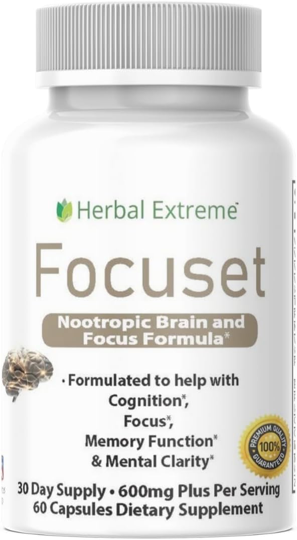 Focuset Nootropics Brain and Focus Formula. 90 Capsules Dimethylaminoethanol (DMAE Bitartrate) L-Glutamine L-Tyrosine GABA Bacopa and More White