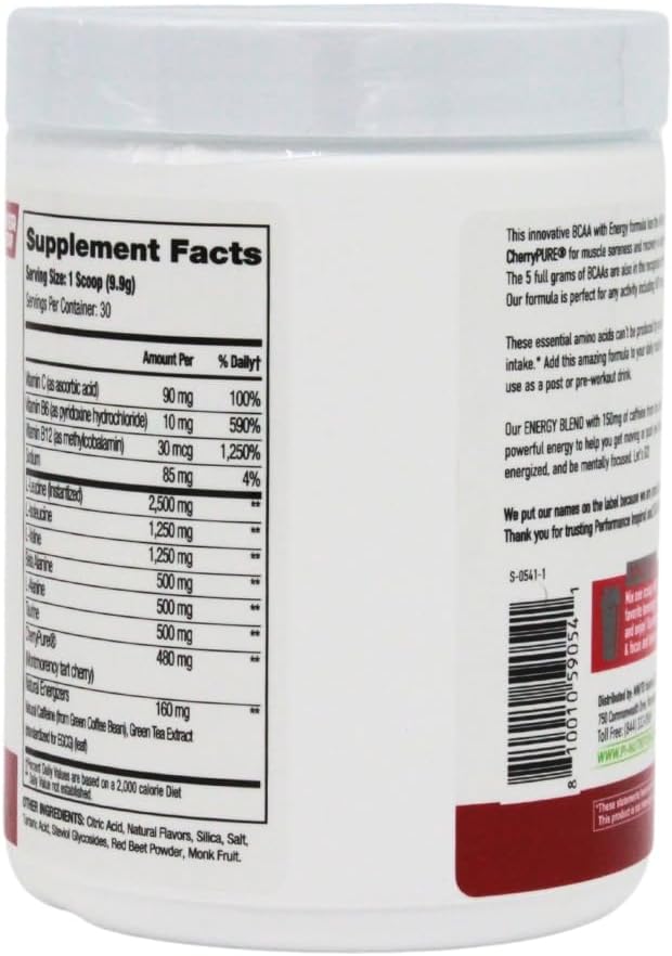 PERFORMANCE INSPIRED Nutrition BCAA with Energy – 5G BCAA 480mg CherryPURE 160mg Natural Caffeine – Supports Muscle Recovery &amp Endurance – Berry Flavor