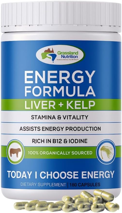 GRASSLAND NUTRITION Grass Fed Beef Liver with Wild Harvested Kelp 100% Organically/Halal Sourced 2-in-1 Energy Formula — Natural B12 Iodine Iron &amp Vitamin A (180 Capsules)