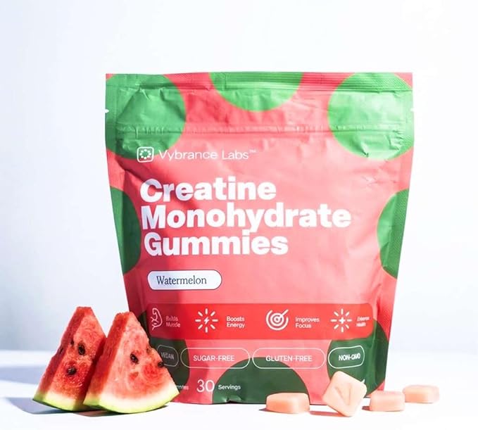 VYBRANCE LABS 3-in-1 Creatine Monohydrate Gummies | 5g Creatine + Taurine + Vitamin B12 | Muscle Strength Brain Energy &amp Focus | Sugar-Free Vegan | Men &amp Women | Watermelon