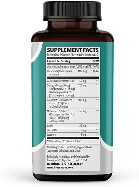 Visibili-T - Vitamin Supplement for Eye Health &amp Vision Support - Carrot Root Chromium Bilberry Ginkgo Biloba Grape Seed Extract Lycopene Vitamin A Lutein &amp Zeaxanthin - 60 Capsules (Pa