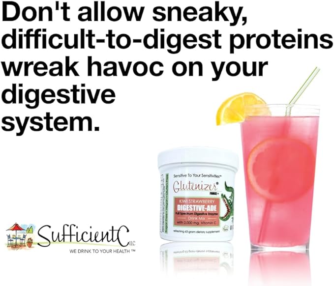 Sufficient-C - Glutenizer Force Plus Kiwi-Strawberry Digestive-Ade Drink Mix - Naturally Effective Premium Full Spectrum Enzyme Blend with 2000 mg. Vitamin C - Acid Reflux Indigestion Solution