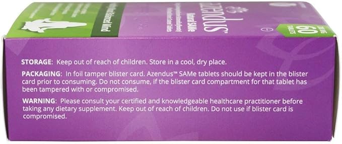 Azendus SAM-e Mood Support 200mg per Tablet 60 Count Same Tablets Physician Trusted 1 Recommended Active Form- Pure Natural Stable Pharmaceutical Grade SAM-e