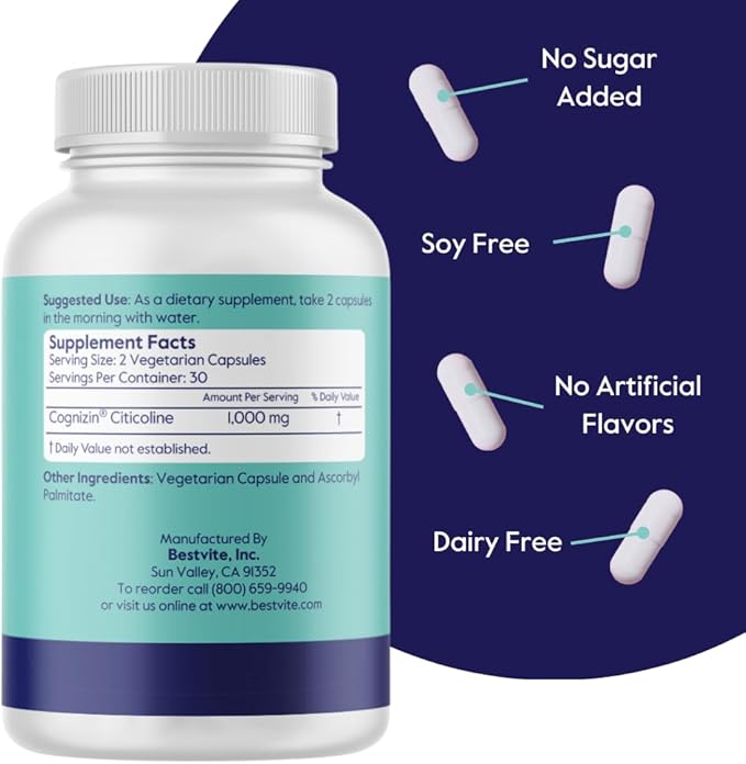 BESTVITE Cognizin Citicoline 500mg (60 Vegetarian Capsules) - Clinically Studied Premium Choline Nootropic - No Stearates - Vegan - Non GMO - Gluten Free - Brain Supplements for Memory and Focus