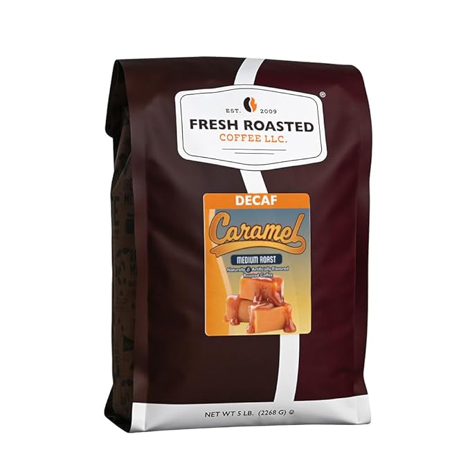 Fresh Roasted Coffee Decaf Caramel Flavored Coffee 5 lb (80 oz) Medium Roast Kosher Ground