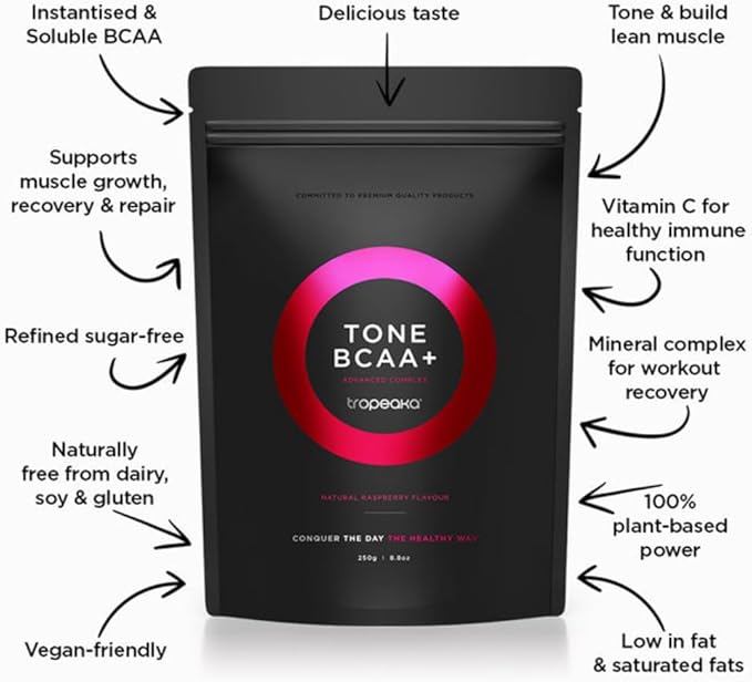 Tropeaka Tone BCAA+ Powder - BCAA Pre Workout Energy Powder for Muscle Growth Recovery &amp Endurance Rehydrating Post Workout Recovery Vegan Non-GMO - 8.8oz (16.5 Servings)
