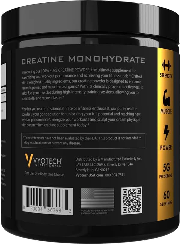 Vyotech Pure Creatine Monohydrate Powder | Aids in Muscle Strength Performance &amp Recovery | 5g Per Serving | Unflavored | 60 Servings | Gluten-Free Dairy-Free Soy-Free No Sugar or Wheat | Made in