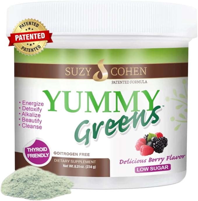 Yummy Greens Drink Mix with Sea Lettuce Dulse Acai Pineapple and probiotic for Energy Vitality and Wellness. Product is Patented Gluten Free Thyroid Friendly