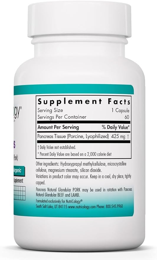 Nutricology Pancreas Pork 425mg Supplement - Pancreas Natural Glandular Pancreatic Enzymes Amylase Protease Lipase Hypoallergenic - 60 Count