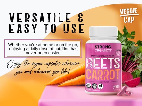 Organic Beet Root &amp Carrot Juice Powder Capsules – USA Grown Raw Cold Pressed – Nitric Oxide Eye Health Skin &amp Heart Support – Beta Carotene Whole Food Vitamin A – Vegan Non-GMO Kosher –
