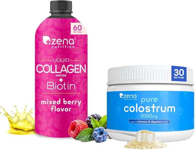 Zena Nutrition Liquid Collagen Peptides and Biotin Mixed Berry 20.3 Fl Oz + Pure Colostrum Powder 2000mg Supplement Supports Immune and Digestive Health