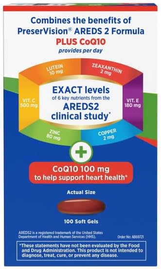 PreserVision Eye Vitamin &amp Mineral Supplement AREDS 2 Formula + CoQ10 2-in-1 Health Benefits 100 Softgels (2 per Day) Pack of 2