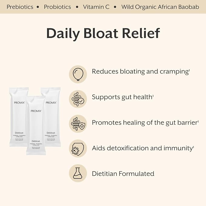 ProMix Nutrition Debloat Prebiotics and Probiotics Immune Support Supplement for Digestion Cortisol Health Gut Cleanse - Unflavored - 30 Servings (Pack of 30)