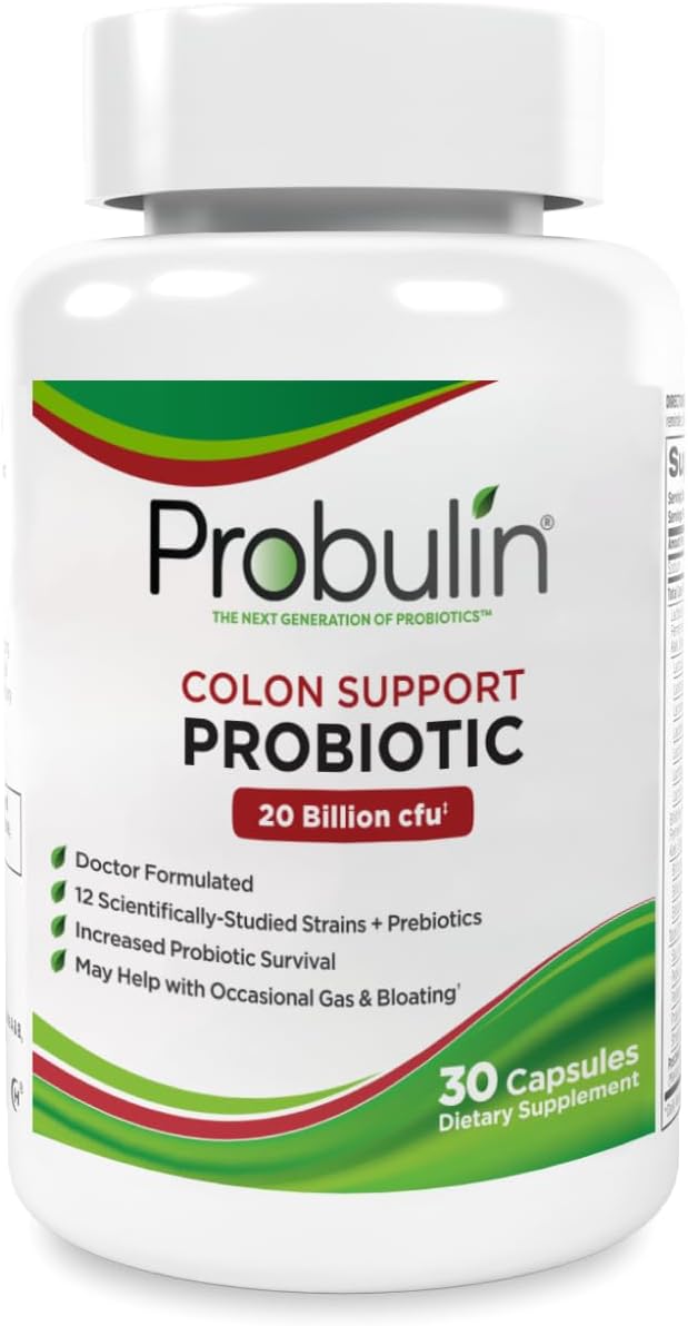 Probulin Colon Support Probiotic Supplement Daily Gut Digestive and Immune Health Probiotics Capsules for Men and Women 20 Billion CFU Vegan 30 Count Bottle